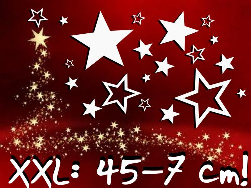 XXL-1A-Luxus Set Schaufenster 25 Stück Sterne Aufkleber WEISS, ø 45-7 cm, 70003, Fensterdekoration zu Weihnachten Fensterbild / Fensteraufkleber, Wandtattoo Deko Sticker, Autoaufkleber, Weihnachtsdekoration, Schaufenster In- und Outdoor Sternchen, Geschäft, Ladendeko, weiß
