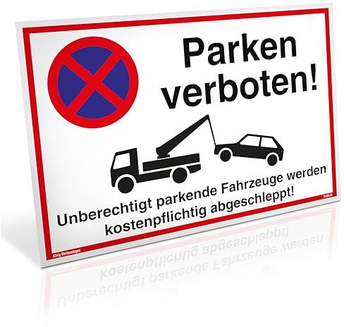 Großes Schild Parken verboten | Alu 42 x 30 cm | Unberechtigt parkende Fahrzeuge werden kostenpflichtig abgeschleppt! weiß | stabiles Alu Schild mit UV-Schutz | Parkverbot | Dreifke®
