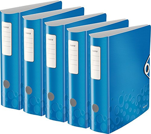 Leitz 11060036 Multifunktions-Ordner (A4, Runder Rücken 8,2 cm Breite, Gummibandverschluss, Kunststoff, WOW) blau metallic 5er Pack