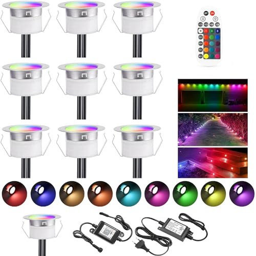 SUBOSI 10er Bluetooth RGB Led Bodeneinbaustrahler Bodenstrahler Bodenleuchten Aussen 0.6W Ø30mm IP67 Wasserdicht LED Terassenbeleuchtungen Terrasse Küche Garten Terrassenbeleuchtung Full Kit