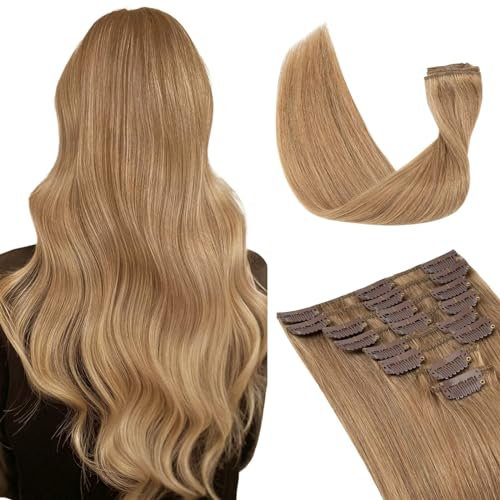 TESS Clip in Extensions Echthaar, 8pcs Clip in Haarverlängerung Remy Echt Haare Natürliche 18 Clips 8 Tressen Clip in Extensions Human Hair 70g 50 cm Dunkelblond