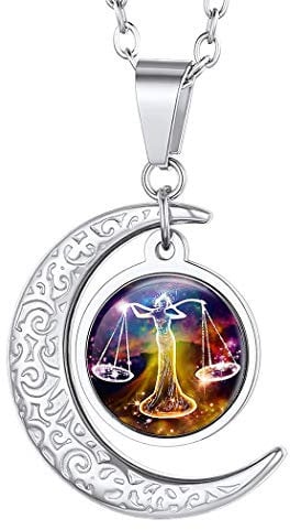 Suplight 12 Constellation Necklace, Stainless Steel Horoscope Necklaces Astrology Jewelry, Libra Zodiac Signs Glass Crescent Moon Pendant with Cable Chain Birthdays for Women