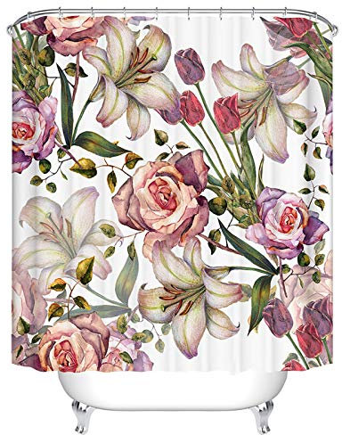 BOYOUTH Duschvorhang mit Wasserfarben-Rosen- und Lilien-Muster, Digitaldruck, für Badezimmer, Dekoration, Polyester, wasserdichter Stoff, mit 10 Haken, 150 x 180 cm, Mehrfarbig