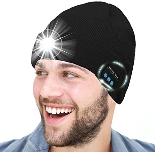 Upgraded Bluetooth 5.0 Beanie Hat LED Beanie Hat Wireless Headphones Music Knit Hats with Stereo Speaker for Outdoor Sports Skiing Running Skating, Walking Christmas Birthday Gifts (Black-LED)