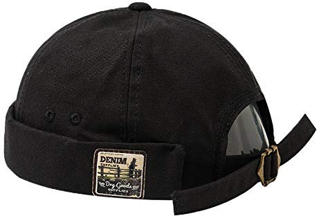 Docker-Beanie-Mütze, randlose Uhrenkappe, gerollte Manschette, Hafenmütze, Retro-Gurtback-Docker-Kappe - Schwarz - Medium