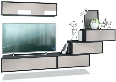 Vladon Wohnwand Lana V1 Anbauwand aus 5 Hängeelementen mit 12 Fächern, Made in Germany, Korpus in Schwarz matt, Fronten in Sandgrau Hochglanz | Große Farbauswahl