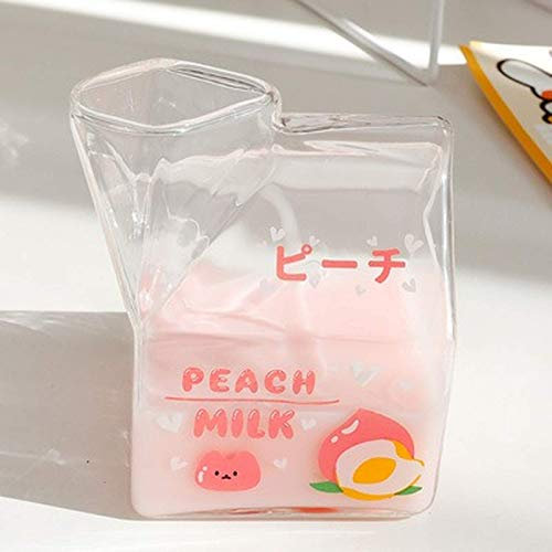 WANZSC 380ml Kawaii Square Milk Carton Glass Cup Cute Strawberry Creative Breakfast Cup for Home Portable Student Transparent Milk Cups (B)