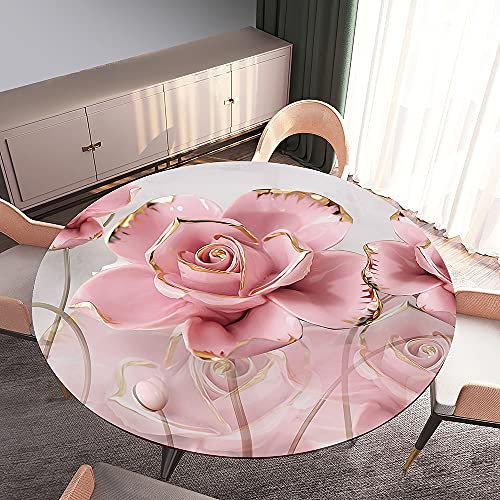 Morbuy Rondes Nappes avec Bord Élastique, Nappes Rondes Anti Taches Lavable, Imperméable Polyester Nappe de Table Imprimé de Rose Fleur pour Cuisine Jardin Fête Table (Rose Rose,Diamètre 120cm)