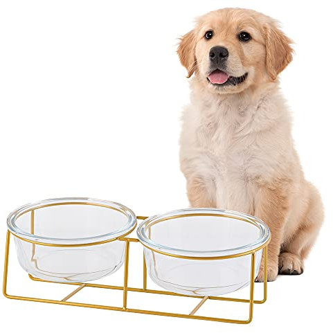Gamelle Chien Surélevée en Verre - Gamelle Chat Surelevee Anti Vomissement - Gamelles Chien avec Support en Métal - Bol Nourriture et Eau pour Petits et Moyens Chiens et Grands Chats - 2 x 800ml