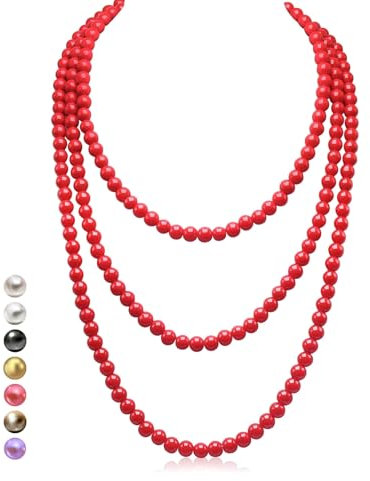 Halukakah 1920er Jahre Lange Perlenhalskette für Frauen - Exquisite Natürliche Zuchtperlen - Luxuriöser 8mm Strang mit Zeitloser Eleganz - Leidenschaftsrot Länge 150cm - Perfekt für Besondere Anlässe