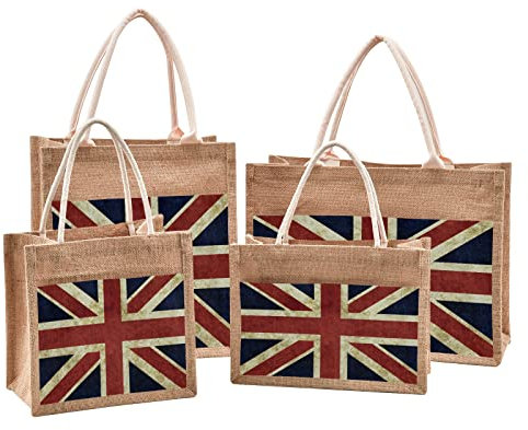 Mnsruu Schöne Jute-Tragetaschen mit britischer Flagge, Union Jack, für Damen, Einkaufstaschen mit Griffen, für Outdoor-Reisen, 32 x 42,9 x 18 cm