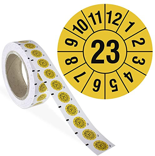 Jahresprüfplakette 2023-1000 Stück - 2,0 cm Ø - Dokumentenfolie, selbstklebend - Auf Rolle - Signalgelb - Prüfungsnachweis - Prüfplakette - Prüfetiketten - Betriebsausstattung24®