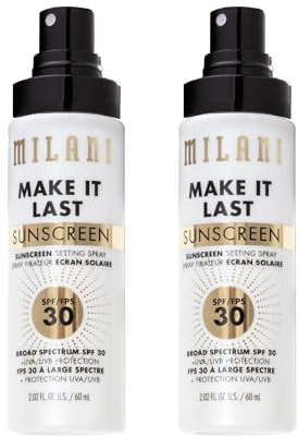 Milani Sunscreen Setting Spray + Primer, Make It Last Sunscreen for Face- SPF 30 UVA & UVB Protection Antioxidant Rich Formula for Broad Spectrum Protection, Prime + Set + Protect, 2.02Fl. Oz - 2 Pack
