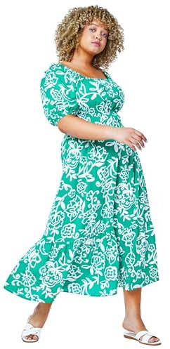 Roman Curve Printed Crinkle Shirred Midi Dress for Women UK - Ladies Everyday Holiday Spring Summer Square Neckline Comfy Soft Evening Vacation Work Party - Green Plus - Size 30-32