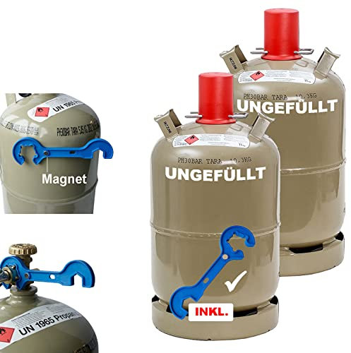 Bluecraft 2X Camping Propan-Gas-Flasche 11kg leer befüllbar, Gasregler-Schlüssel mit Magnet für Gas-Grill, Gas-Kocher, Gas-Ofen, Wohnwagen, (2X 11kg Flasche mit 1x Schlüssel)