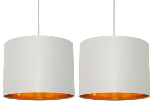 Set of 2 Grey Cotton Fabric Gold Lining Pendant Shade, Easy Fit Ceiling Lightshade, Modern Light Diameter 25cm