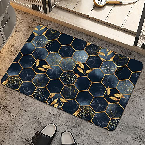 Bath Mat Rug,Black and Blue Honeycomb MarbleNon Slip Quick Dry Super Absorbent Thin Bathroom Rugs Fit Under Door-Easy to clean Bathroom Floor Mats-Shower Rug for Shower Sink Bathtub(16 x 24In)