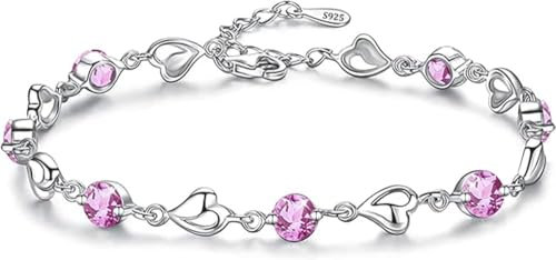 Kaguyo Bracelets en argent pour femmes - Bracelet en cristal ajustable en forme d'infini en argent 925, forme de cœur en zirconia rose pour femmes et filles - Cadeau d'anniversaire d'amitié (rose)