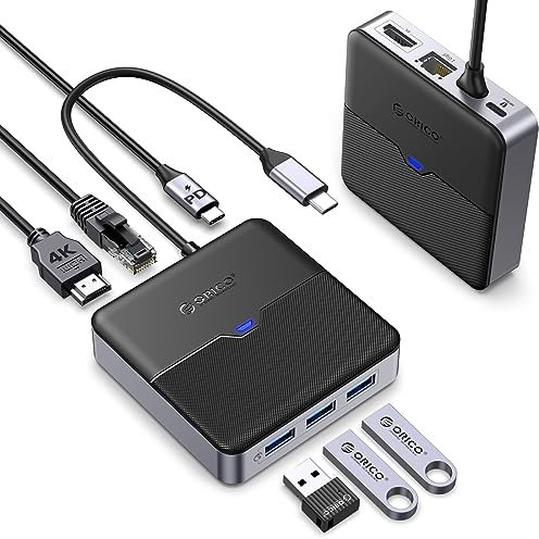 ORICO USB C Hub 6 in 1 Docking Station mit Ethernet 1000M, 4K HDMI, PD 100W, 3 Ports 5 Gbps USB A 3.0, Typ C Multiport Adapter für MacBook Air Pro M2 M1 iPad Surface Dell Hp (15cm)
