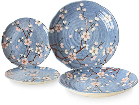 Mino ware Pastateller aus japanischer Keramik, 2 Stück und 2 Salat-/Vorspeisen-Teller, hergestellt in Japan (Japan Import) (Sakura-Blau) TNG001