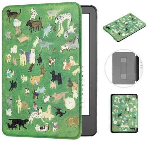 MOKASE Étui pour 6 Kindle Paperwhite 5/6/7ème Génération 2012,2013,2015,2016 (Modèle: EY21/DP75SDI), Cuir Synthétique Rigide Housse avec Dragonne pour Kindle Paperwhite 6 Pouces, Meadow Dogs