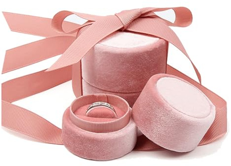 TINGFENG Pink Velvet Ring Box Bowknot Retro Round Jewelry Small Box for Women Mother Daughter Gift (1pcs Pink)