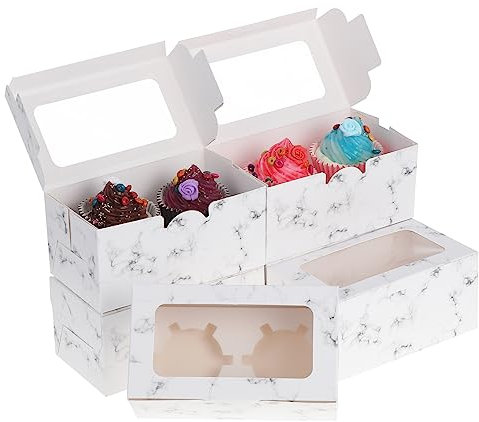 Coptiner 50Pack Cupcake Boxes 2 Holes with Window, Cake Boxes Bakery Boxes Cardboard Packaging Box for Pastries Cupcakes Cakes Cookies Desserts (2 Hole(Marble-White))