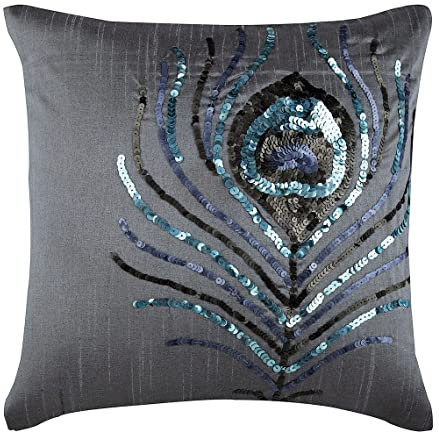 The HomeCentric Handgefertigt Kissenbezuge 2 Stück, 55x55 cm, Silber Dekorative Kissenbezug, Pailletten Pfau - Feder Kissen Decken Art Silk Platz Kissenbezuge, Blumen Art Deco Werfen - Peacock Feather
