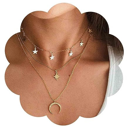 Dervivea Boho layered moon star choker necklace crystal northstar necklace cz moon pendant necklace gold star dangle necklace jewelry for women and girls