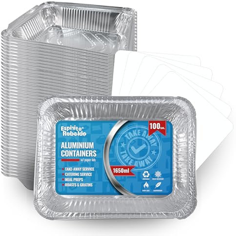 Espirito Rebelde 100 Barquettes en Aluminium 1650 ml avec Couvercles | Moules Jetables a Emporter | Emballage Alimentaire pour Barbecues, Congélation