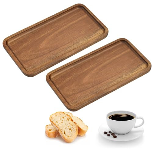 CAREDGO Serviertablett Holz, 2 Stück Rechteckig Bambus Tablett, Wood Tray Klein Deko für Snacks, Kleinigkeiten, 20cm x 10cm x 1,5cm