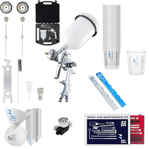 BenBow Lackierpistole Set PK60 HVLP 1,4 mm + 1,8 mm Düse + 600 ml Lackbehälter + Koffer + Druckminderer 9,6 BAR + Großer Satz Lackier-Zubehör
