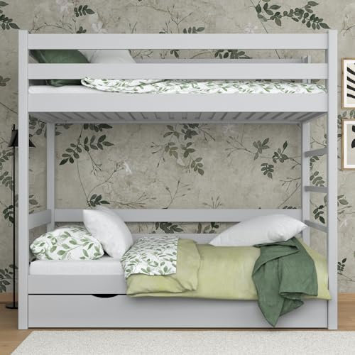 N-wood N03 Etagenbett mit Schublade 100x180 cm, Hochbett Holz 100%, 2 Leitermontageseiten: Links oder rechts, sichere abgerundete Kanten, Hochwertige und umweltfreundliche Lacke, Grau