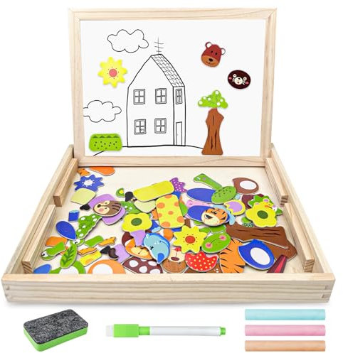 Lectorias 120 Stück Magnetpuzzle, Magnet Puzzle, Magnetspiele für Kinder, Kinder Spielzeug, Kinderspielzeug mit Doppelseitiger Tafel, Magnetisches Holzpuzzle, Lernspielzeug für Jungen und Mädchen
