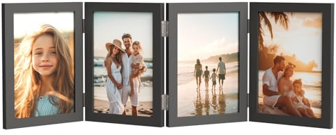 WARM&LOVE 4 Picture Frame, 4x6 Four Folding Hinged Photo Frames, Rustic Wood Desk Family Photo Collage Stand Vertical on Tabletop for Birthday Family Lover Gift (Black)