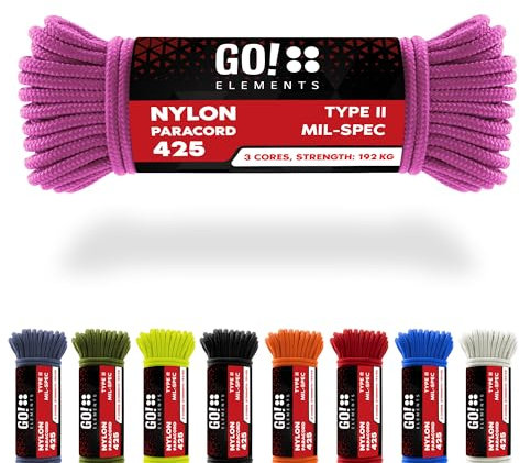 GO!elements 15m Paracord Seil aus reißfestem Nylon - 3mm Paracord 425 Typ II max. 192kg - Schnüre als Outdoor Seil, Allzweckseil, Survival Seil, Armband, Hundeleine, Nylonschnur, Farbe: Rosa