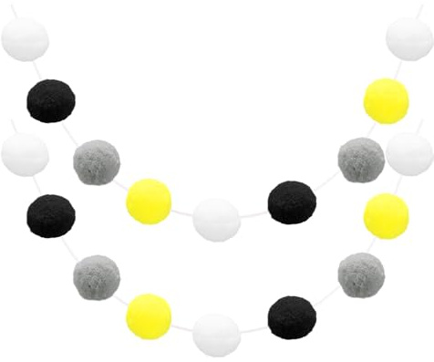QUARKZMAN 2Stk Pom Pom Girlande 2m 30 Kugeln Bunt Filz Kugel Girlande für Wand Weihnachten Baum Dekoration Geburtstag Banner Ostern Party Dekoration Weiß Schwarz Grau Gelb