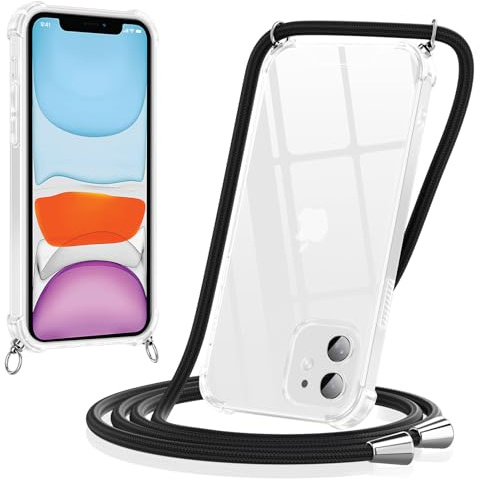Yoedge Handykette für iPhone 11 Hülle mit Band, Necklace Handyhülle mit Kette und Abnehmbar Kordel zum Umhängen, Stoßfeste Bumper Transparent Schutzhülle Case 6,1 Zoll, Schwarz