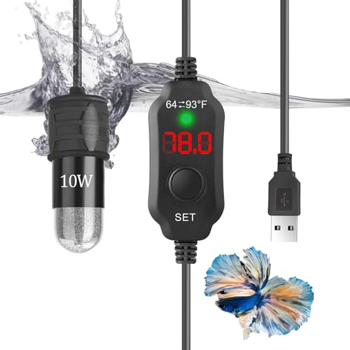 Calentador de acuario pequeño de 10 W, calentador de pecera súper pequeño con termostato de pantalla digital, calentador de pecera Betta de 5 V/2 A alimentado por USB, calentador de tortuga, calentado