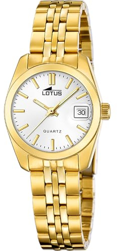 Lotus Damenuhr Analog aus Edelstahl 316l Goldfarben | Quarzwerk, Widerstandsfähiges Mineralglas, Wasserdicht 5 ATM, Kalender 18993/2, Old Money