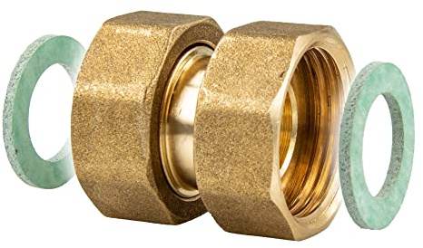 tecuro Verschraubung mit beidseitig drehbaren Überwurfmuttern, 2 x 2 Zoll, flachdichtend, Innengewinde Rp, DVGW zugelassen, Messing CW617N