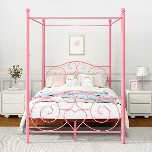 HAHRIR 4ft6 Double Canopy Bed Frame Platform, 135x190cm Double size Bed Frame with Vintage Headboard and Footboard, Heavy Duty Steel Slats and Support with Mattress Foundation,Pink