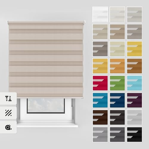 Estika Doppelrollo mit Bohren 55x220 cm Farbe: Rosy Beige, Rollo Deckenmontage und Wandmontage Fenster rollos für innen, Jalousien Fenster, Tür Rollo