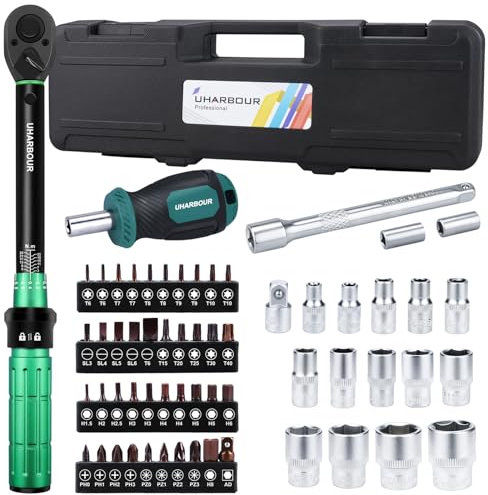 Uharbour 3-25 Nm Torque Wrench Set for Bicycles, 60 Piece 1/4 Bicycle Torque Wrench Set with Bits and Extension Rod for Bicycles, ±3% Error Accuracy, Small Torque Wrench
