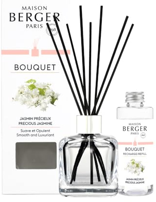 MAISON BERGER Duftbouquet Edler Jasmin Glaçon Transparent, 100 ml | Komplettset: Flakon aus Klarglas, 6 schwarze Stäbchen und 100 ml Edler Jasmin, ohne Flamme und ohne Strom