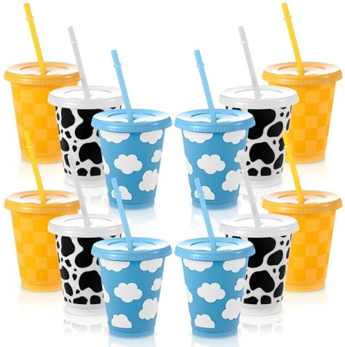 Tioncy 24 Pcs 16 Oz Cartoon Story Party Reusable Plastic Cups Themed Plastic Tumbler with Lid and Straw Drinking Cup Cartoon Story Carnival Party Supplies for Decorations