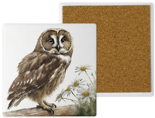 Keramik-Untersetzer, handbedruckt, 10 x 10 cm, Bordüre, Eule, Landschaft, Tier-Design, beliebte Tierwelt und Haustiere, handgefertigt in Großbritannien, Geschenk für Tierliebhaber