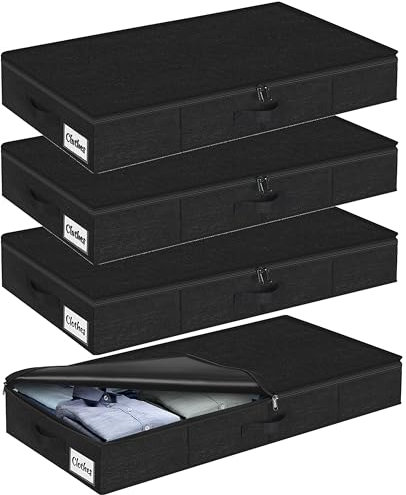 Kukikan Under Bed Storage Box with Lid 4 Pack, 12cm Slim Low Profile Underbed Clothes Organiser for Home, Blanket and Toy Storage Box Under Sofa and Cot, W/Sturdy Bottom/Sides, Foldable Thick Fabric