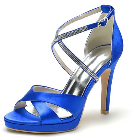 Donna Sandali da Sposa con Tacco Alto A Spillo Cinturino alla Caviglia Incrociato Scarpe da Sera Plateau Décolleté con Strass Scarpe da Sposa in Raso,Blu,37 EU