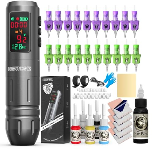 Wormhole Tattoo Maschine Set Kabelloser Tattoo Set mit 20 Stück Tattoo Nadeln 6 Tattoo Farbe Profis Tattoo Stifte für Tattoo Anfänger und Künstler